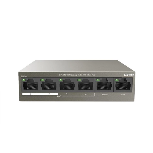 Tenda TEF1106P 6 Port 4 Port Poe+ 10-100 + 2 Port Uplink Switch Çelik Kasa Rack Mount ürün görseli 1