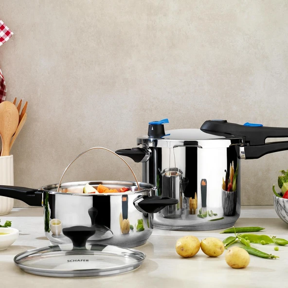 Schafer Gusto 2’li Düdüklü Tencere Seti 5 + 7 L (4 Parça) – Inox ürün görseli 1