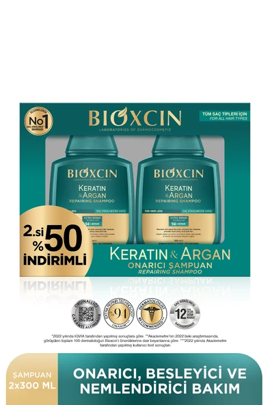 BİOXCİN Keratin & Argan Onarıcı Şampuan 300 ml - Yıpranmış Ve Hasar Görmüş Saçlar 2 Li Avantaj Set ürün görseli 1