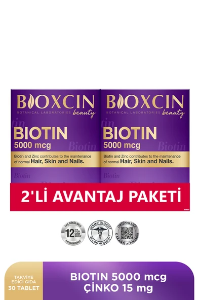 BİOXCİN Biotin 5.000 Mcg 30 Tablet - Biotin Çinko 15 Mg Saç Ve Tırnak Vitamini 2 Li Avantajlı Set ürün görseli 1