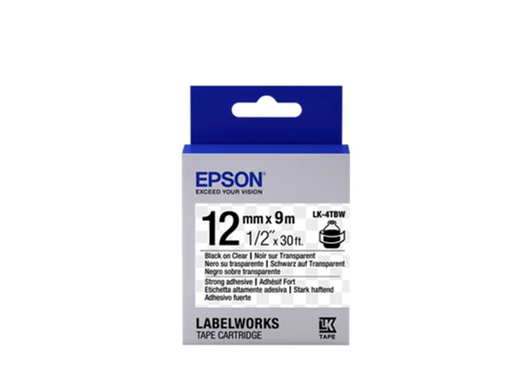 Epson LK-4TBW Güçlü Yapışkanlı Şeffaf Üzeri Siyah 12mm 9Metre Etiket ürün görseli 1