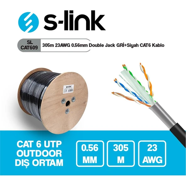 S-link SL-CAT609 305m 23AWG 0.56mm CCA Double Jack GRİ+Siyah Dış Mekan ürün görseli 1