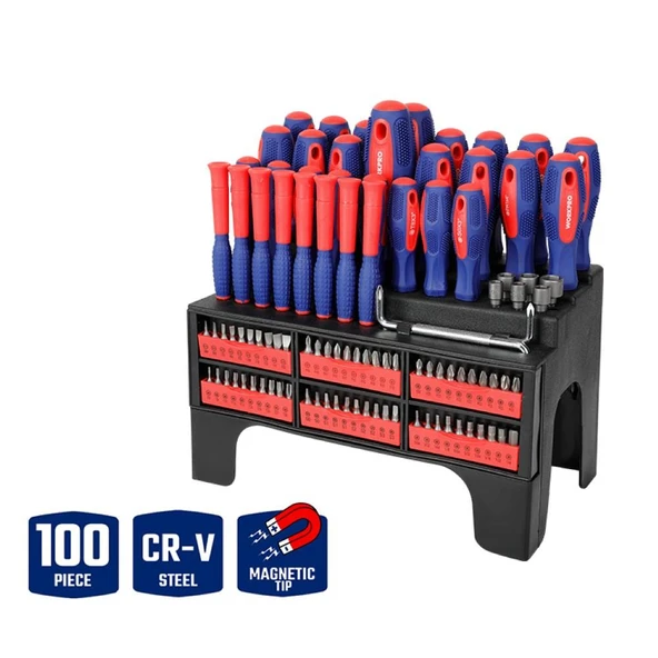 WORKPRO WP200560 100 Parça Duvar Askı Aparatlı Profesyonel CR-V Manyetik Tornavida ve Bits Uç Seti ürün görseli 1