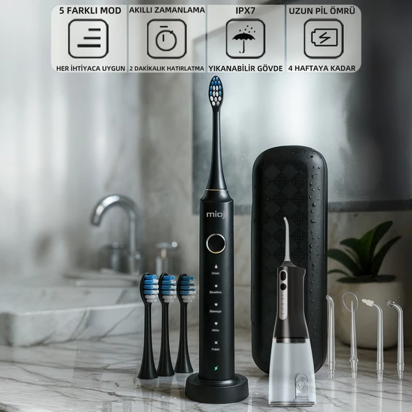 Mioji Oral B6 Care Şarj Edilebilir Diş Fırçası Siyah 4 Fırça Başlık + Şarjlı Su Diş Temizleyici ürün görseli 1