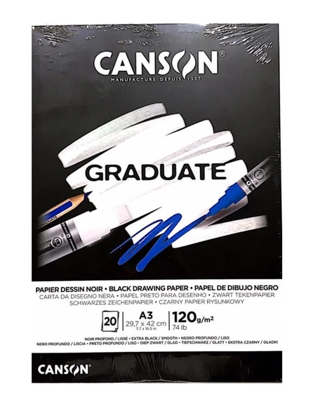 Canson A3 Çizim Bloğu (Çizim Defteri) Graduate Cangrad Siyah 20 Yaprak 120 Gram 400110387 ürün görseli 1