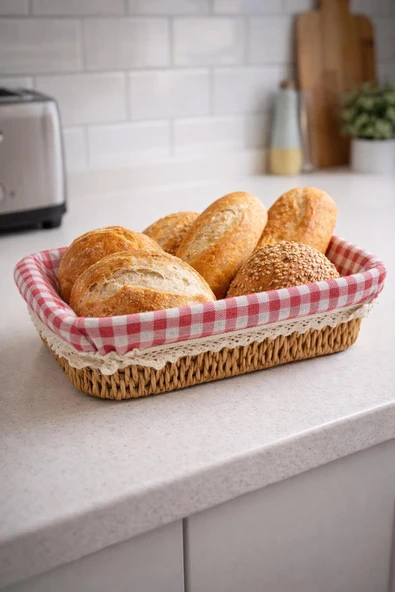 Rattan Hasır Ekmeklik Kare Pötikare Kumaşlı Masa Üstü Ekmek Sepeti Mutfak Organizer ürün görseli 1