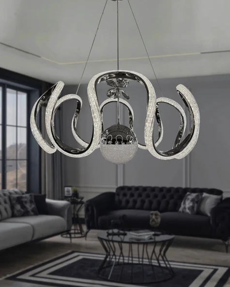 LUNOX Infinity Loop LED Modern Tasarım Avize Krom Gövde Kristal ışıklı Lüks Salon Avizesi ürün görseli 1