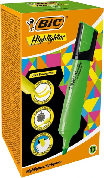 Bic Marking Flat Highlighter Fosforlu Kalem (İşaret Kalemi) Yeşil 517964 (10 Lu Paket) ürün görseli 1
