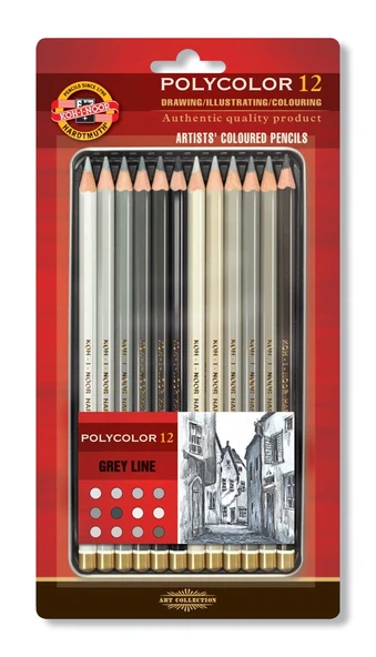 Koh-İ Noor Sanatsal Polycolor Artist Kuru Boya Kalemi Metal Kutu Gri Tonlar 12 Li 3822-012013BL ürün görseli 1