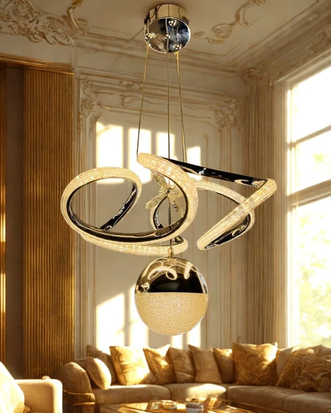 LUNOX Regal Loop LED Modern Tasarım Avize Krom Gövde Kristal Işıklı Lüks Salon Avizesi ürün görseli 1