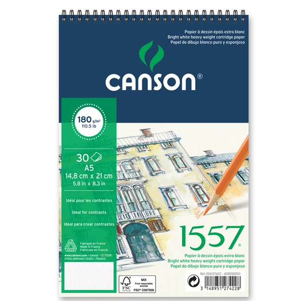 Canson A5 1557 Resim Ve Çizim Blok 180 Gr 20 Yaprak Resim Defteri Üstten Spiralli Fcns18020A5Us ürün görseli 1