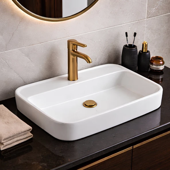 Turavit Loft Dikdörtgen Tezgâh Üstü Batarya Delikli Beyaz Lavabo 60x40 Cm LFT0710 ürün görseli 1