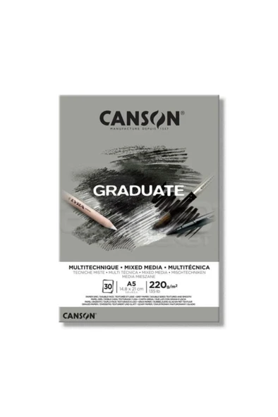 Canson A5 Çizim Bloğu (Çizim Defteri) Graduate Mix Media Gri 30 Yaprak 220 Gram 400110370 ürün görseli 1