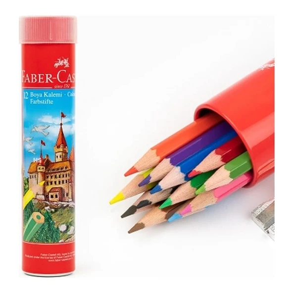 Faber-Castell Kuru Boya Kalemi Red Line Metal Tüp Kutu Tam Boy 12 Renk Kalemtraş Hediyeli 5173 116512 ürün görseli 1