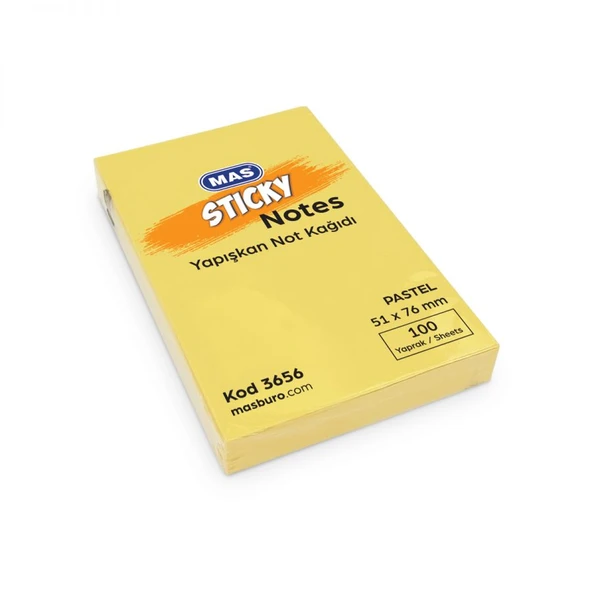 Mas Yapışkanlı Not Kağıdı 100 Sayfa 51X76Mm Pastel Sarı 3656 (12 Koçan) ürün görseli 1
