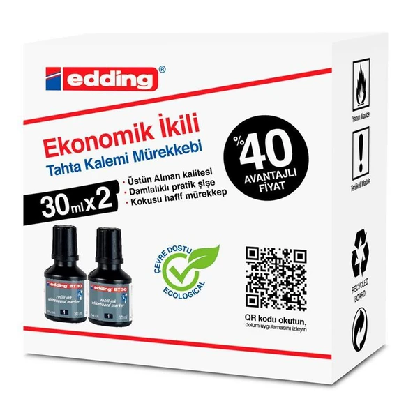 Edding Bt30 Tahta Kalem Mürekkebi Damlalıklı Ekonomik 30 Ml Siyah (2 Li Paket) ürün görseli 1