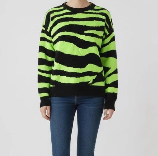 Kadın Kışlık Neon Yeşil Siyah Zebra Desenli Kazak Triko Konforlu Rahat Kalıp ürün görseli 1