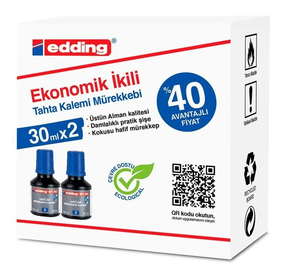 Edding Bt30 Tahta Kalem Mürekkebi Damlalıklı Ekonomik 30 Ml Mavi (2 Li Paket) ürün görseli 1