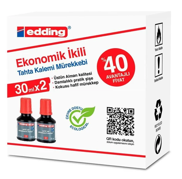 Edding Bt30 Tahta Kalem Mürekkebi Damlalıklı Ekonomik 30 Ml Kırmızı (2 Li Paket) ürün görseli 1