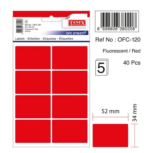 Tanex Flo Kırmızı Ofis Etiketi 5 Yaprak Ofc-120 (10 Lu Paket) ürün görseli 1