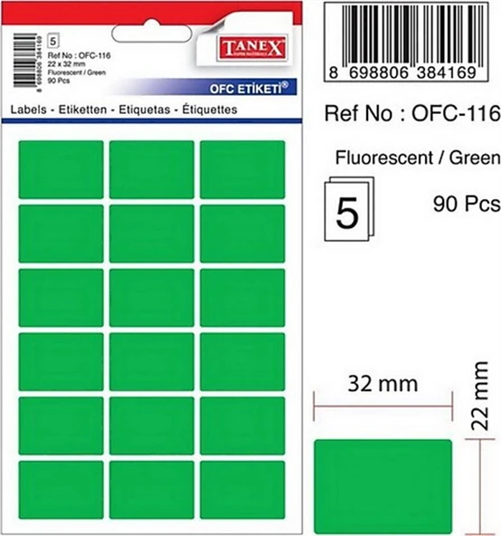 Tanex Ofis Etiketi 22X32 Mm Fosforlu Yeşil Ofc-116 (10 Lu Paket) ürün görseli 1