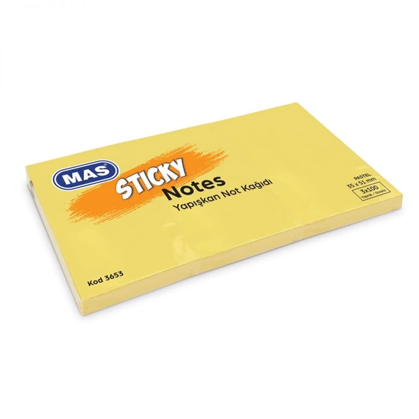 Mas Yapışkanlı Not Kağıdı 3 Blok 100 Sayfa 35X51Mm Pastel Sarı 3653 (12 Koçan) ürün görseli 1
