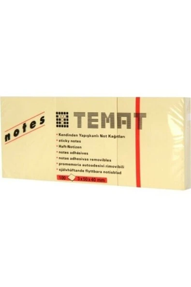 Temat Yapışkanlı Not Kağıdı 100 Ypr Pastel Sarı 3X50X40 Mm 11230 (4 Lü Paket) ürün görseli 1