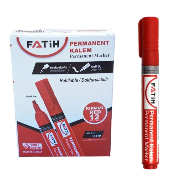 Fatih Permanent Markör Kalem Kesik Uç Kırmızı 3440 (12 Li Paket) ürün görseli 1