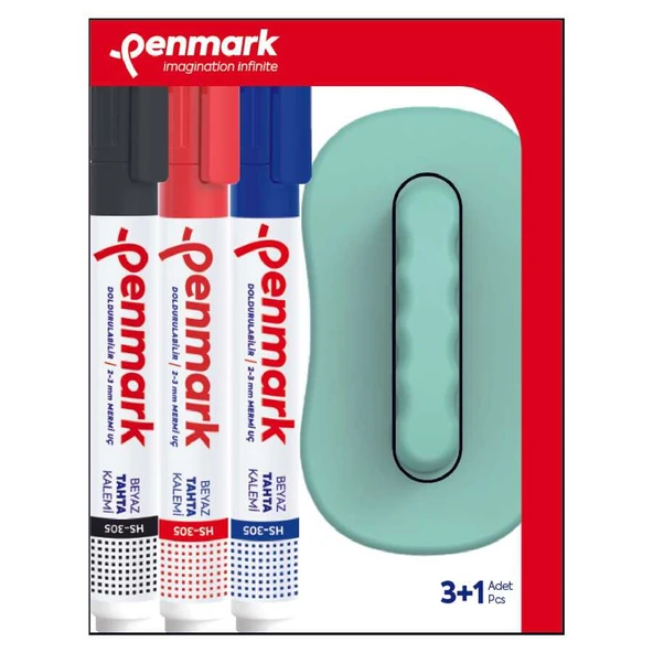Penmark Beyaz Tahta Kalemi (Siyah - Kırmızı - Mavi) 3 Lü Set + Silgi 305-TK3S ürün görseli 1