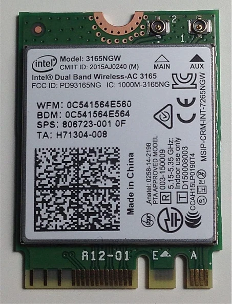 Intel 3165NGW Dual Band Wi‑Fi + Bluetooth 4.0 Kablosuz Ağ Kartı – M.2 NGFF ürün görseli 1