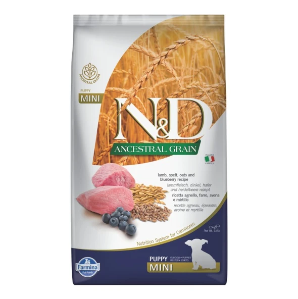 N&D Ancestral Grain Mini Puppy Kuzu Etli ve Yaban Mersinli Küçük Irk Yavru Köpek Maması 2.5 Kg ürün görseli 1