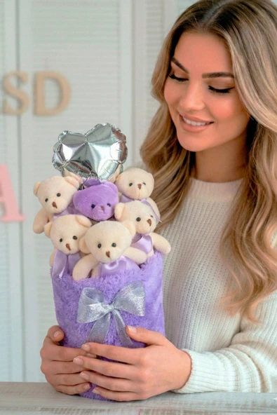 Sevgililer Gününe ÖZEL: Deluxe Lila Peluş Silindir Kutuda, Kalpli Balonlu 6’lı Lila Ayıcık Buketi - Sevdiğine Hediye ürün görseli 1