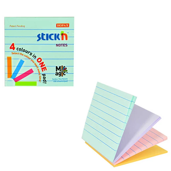 Hopax Stickn 76X76Mm Magic Çizgili 4 Pastel Renk 100 Yaprak Yapışkanlı Not Kağıdı 4-2157700-5001 ürün görseli 1