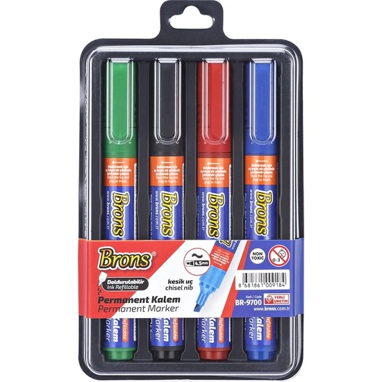 Brons Permanent Marker Kalem Kesik Uç 4 Lü Siyah Mavi Kırmızı BR-9700 ürün görseli 1