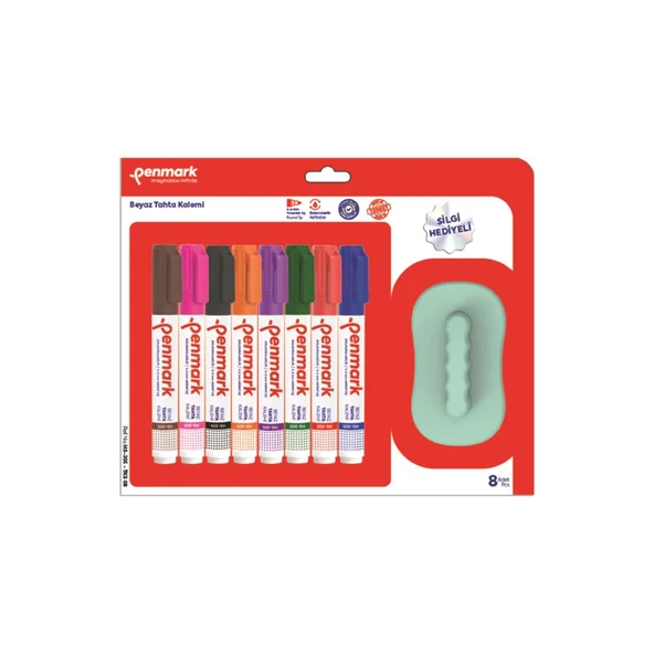 Penmark Beyaz Tahta Kalemi 8 Li Vakumlu Blister Paket + Silgi HS305TKS08 ürün görseli 1