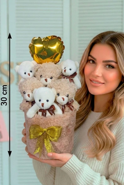Sevgililer Gününe ÖZEL: Deluxe Krem Peluş Silindir Kutuda, Kalpli Balonlu 6’lı Boz Ayıcık Buketi - Sevdiğine Hediye ürün görseli 1