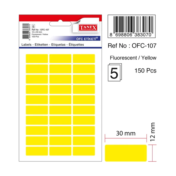 Tanex Ofis Etiketi Poşetli 12X30 Mm Fosforlu Sarı Ofc-107 (10 Lu Paket) ürün görseli 1