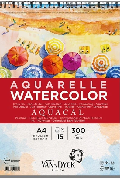 Van Dyck Sulu Boya Resim Defteri Blok Aquacal İnce Dokulu Cldpres A4 Üstten Spiralli 15 Yaprak VD420313 ürün görseli 1