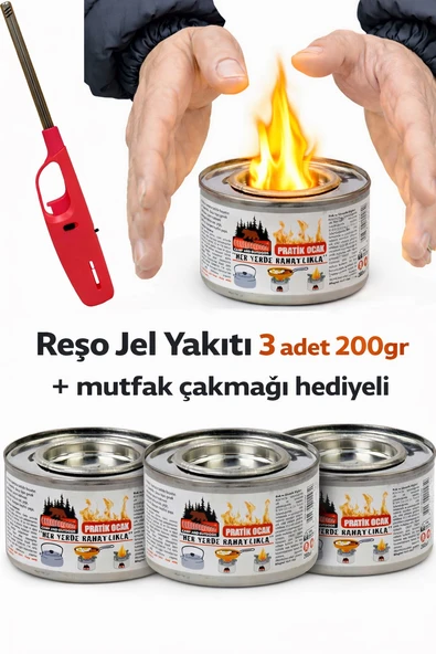 Çakmak Hediyeli Reşo Jel Yakıt Teneke Kutu 200 Gr Net 3 Adet Osmalı Ocak Yakıtı Kanp Piknik Yakıtı ürün görseli 1
