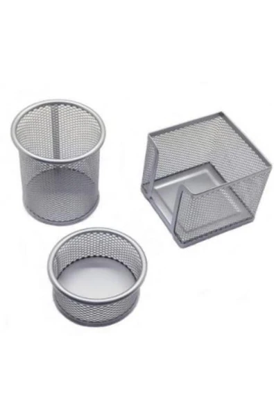 Mas Masa Seti Ataşlık-Kağıtlık-Kalemlik 3 Lü Set Metal Perforeli Silver 505 ürün görseli 1