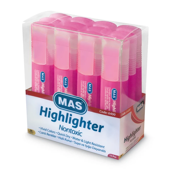 Mas Fosforlu Kalem (İşaret Kalemi) Pembe 6400 (12 Li Paket) ürün görseli 1