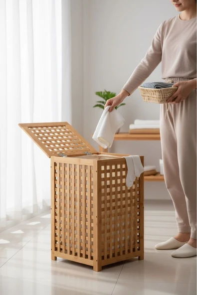 Bambu çamaşırlık - kirli çamaşır sepeti 45x45x62 cm. ürün görseli 1
