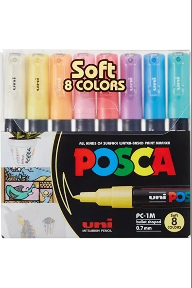Uni-Ball Markör Boyama Kalemi Posca Su Bazlı Poster 0.7 Mm Softrenk 8 Renk PC-1M/8C SC Set ürün görseli 1
