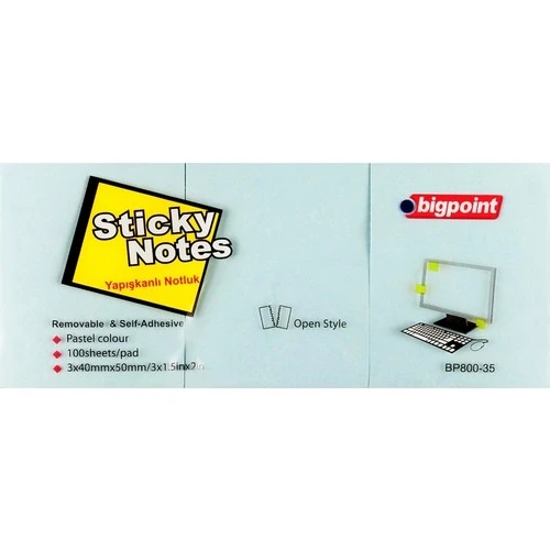 Bigpoint Yapışkanlı Not Kağıdı 3 Lü 40X50 Mm Mavi Bp800-35 (4 Lü Paket) ürün görseli 1