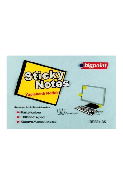 Bigpoint Yapışkanlı Not Kağıdı 75X50 Mm Mavi Bp801-35 (12 Li Paket) ürün görseli 1