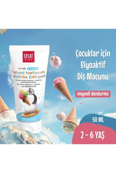 Splat Kids Natural Meyveli Dondurma 2-6 Yaş 50 ml Florürsüz Çocuk Diş Macunu ürün görseli 1
