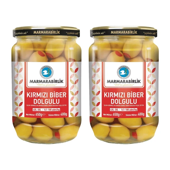 MarmaraBirlik Yeşil Kırmızı Biber Dolgulu Zeytin 400 gr Cam 4XL-3XL x 2 Adet ürün görseli 1