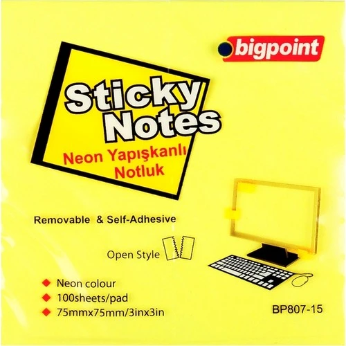 Bigpoint Yapışkanlı Not Kağıdı 75X75 Mm Neon Sarı Bp807-15 (12 Li Paket) ürün görseli 1