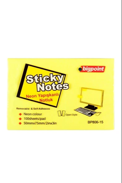 Bigpoint Yapışkanlı Not Kağıdı 75X50 Mm Neon Sarı Bp806-15 (12 Li Paket) ürün görseli 1