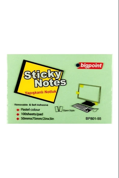 Bigpoint Yapışkanlı Not Kağıdı 75X50 Mm Yeşil Bp801-55 (12 Li Paket) ürün görseli 1